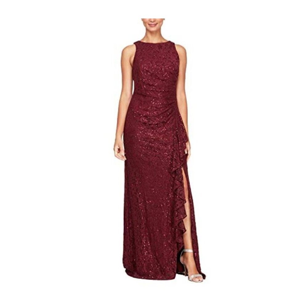 NEW Alex Evenings Womens Long Sleeveless Cascade Ruffle Dress Front Slit sz 16